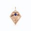 A gold kite shaped birth flower charm with birth stones bezel set above. Made with solid gold and jump ring bail.