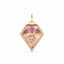 A gold kite shaped birth flower charm with birth stones bezel set above. Made with solid gold and jump ring bail.