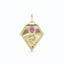 A gold kite shaped birth flower charm with birth stones bezel set above. Made with solid gold and jump ring bail.