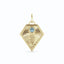 A gold kite shaped birth flower charm with birth stones bezel set above. Made with solid gold and jump ring bail.