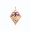 A gold kite shaped birth flower charm with birth stones bezel set above. Made with solid gold and jump ring bail.