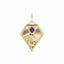 A gold kite shaped birth flower charm with birth stones bezel set above. Made with solid gold and jump ring bail.