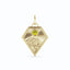 A gold kite shaped birth flower charm with birth stones bezel set above. Made with solid gold and jump ring bail.