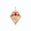 A gold kite shaped birth flower charm with birth stones bezel set above. Made with solid gold and jump ring bail.