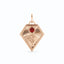 A gold kite shaped birth flower charm with birth stones bezel set above. Made with solid gold and jump ring bail.