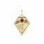A gold kite shaped birth flower charm with birth stones bezel set above. Made with solid gold and jump ring bail.