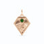 A gold kite shaped birth flower charm with birth stones bezel set above. Made with solid gold and jump ring bail.