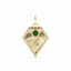 A gold kite shaped birth flower charm with birth stones bezel set above. Made with solid gold and jump ring bail.