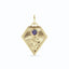 A gold kite shaped birth flower charm with birth stones bezel set above. Made with solid gold and jump ring bail.