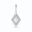 A lozenge or diamond shaped diamond set in bezel setting with a ray pattern on the outer frame.