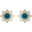 Gold and blue gemstone earrings on a white background