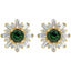 Gold earrings with green gemstones and clear stones on a white background