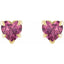 Heart-shaped pink gemstone earrings with gold accents on a white background