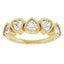 Gold ring with heart-shaped diamond stones on a white background