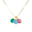 Showing a round cabochon pendant on a box chain. The birthstone charms features natural gemstones bezel set in solid gold comes in all 12 available birthstones.