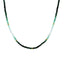 A emerald necklace with an ombre look, created with different shaded green and gold bead spacing.