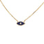 Product picture of a evil eye enamel necklace in navy with a diamond center. This necklace is attached to a cable chain made in solid gold.