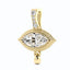 A product picture of a marquise diamond eye pendant. This pendant is made of solid gold, bezel set with two layers with ray pattern on the inner most layer. This pendant also has a four diamond bail and a gold tear drop. Side view.