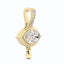 A product picture of a marquise diamond eye pendant. This pendant is made of solid gold, bezel set with two layers with ray pattern on the inner most layer. This pendant also has a four diamond bail and a gold tear drop. Photo showing with other diamond charms. Side view.