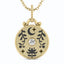 A beautiful coin charm with moon, lotus and flower vine designs, very detailed antique finish. With a round center diamond and carved stars.