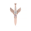 Rose gold dagger-shaped pendant with wings and gemstones on a white background