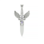 Silver dagger-shaped pendant with wings and gemstones on a white background