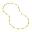 A gold trombone link chain with elongated oval links and three round links alternated finished with a lobster clasp.