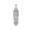 A gold pendant with a moonstone center and crescent on both sides to mimic the phases of the moon. Made with stars and blue palette colored gemstones.