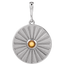 A round coin pendant with a round natural colored gemstone and a starburst ray design.