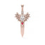 Rose gold dagger-shaped pendant with dragon wings and gemstones on a white background