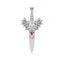 Silver pendant with dragon design and red gemstone on a white background