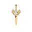 Gold sword-shaped pendant with dragon wings and gemstones on a white background