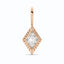 A lozenge or diamond shaped diamond set in bezel setting with a ray pattern on the outer frame.