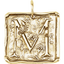 A square pendant with antique vintage wax seal press style letter fonts. This initial pendant looks like the wax seal was pressed into the gold. With a round bail.