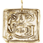 A square pendant with antique vintage wax seal press style letter fonts. This initial pendant looks like the wax seal was pressed into the gold. With a round bail.