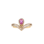 A crown shaped ring with a pink sapphire set in the center. The band is pave set with diamonds with a halo.