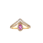 A crown shaped ring with a pink sapphire set in the center. The band is pave set with diamonds with a halo.