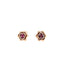 Product picture showing a pair of rose gold rose stud earrings with a ruby center on both. The pedals are in 14k rose gold along with the prongs and post and backing.