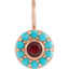 A round pendant with a pink spinel or a red garnet center stone and a turquoise or a opal halo.