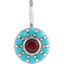 A round pendant with a pink spinel or a red garnet center stone and a turquoise or a opal halo.