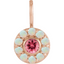 A round pendant with a pink spinel or a red garnet center stone and a turquoise or a opal halo.