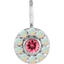 A round pendant with a pink spinel or a red garnet center stone and a turquoise or a opal halo.