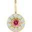 A round pendant with a pink spinel or a red garnet center stone and a turquoise or a opal halo.