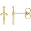 Gold sword-shaped earrings on a white background