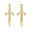 Gold sword-shaped earrings on a white background