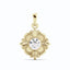 A French style framed accent pendant with a round diamond center. Floral inspired designs in yellow gold.