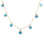 A cable chain necklace with five bright colored stars dangling on the chain. Finished with lobster clasp.