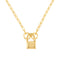 A gold padlock connector that has a spring push closure at the top. Works like a clasp and looks like a padlock.