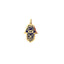A hamsa charm with laced design overlaying a lapis gemstone. Solid 14k gold.