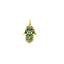 A hamsa charm with laced design overlaying a malachite gemstone. Solid 14k gold.